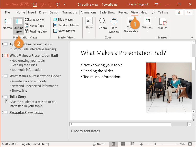 how to display the presentation outline in powerpoint