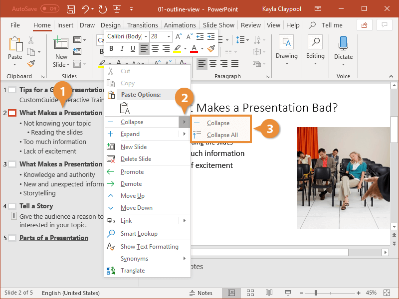 display the presentation outline powerpoint