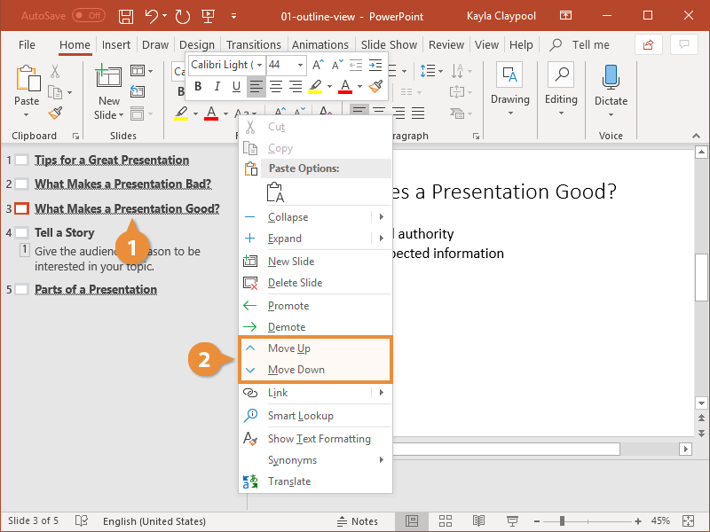 how to display the presentation outline in powerpoint