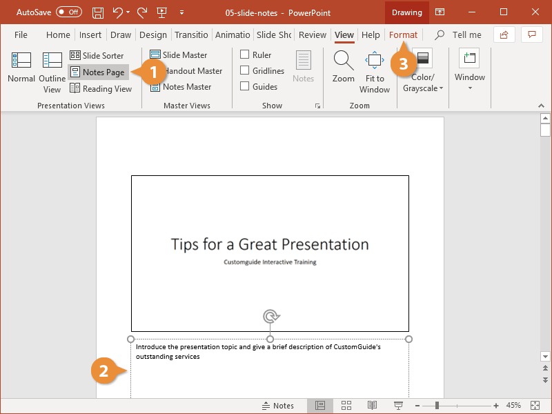 presentation view with notes