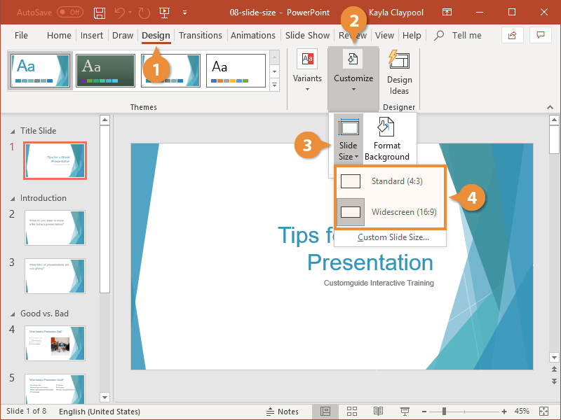 presentation page size