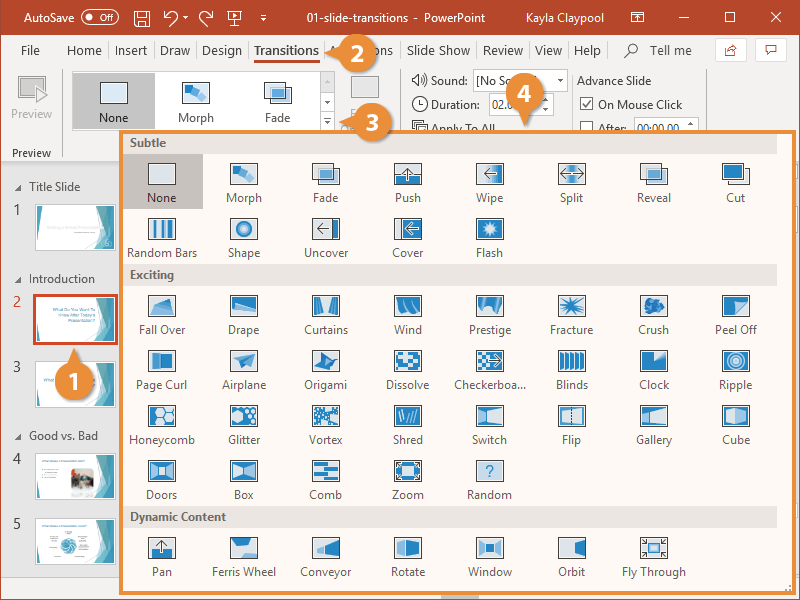 powerpoint presentation transitions within a slide