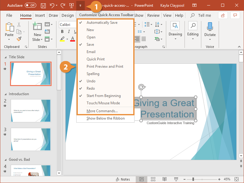 Cow emergency ozone Quick Access Toolbar in PowerPoint | CustomGuide