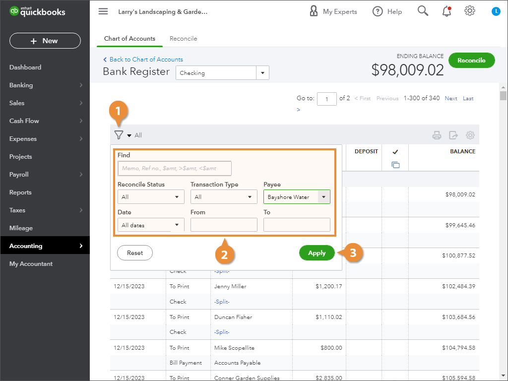 Filter Register Transactions