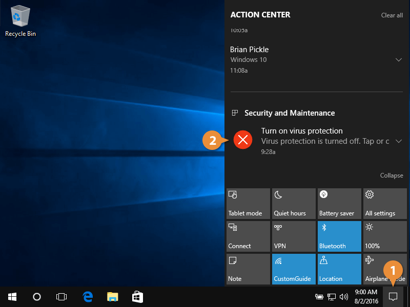 Notifications Pane And Action Center In Windows 10 Customguide