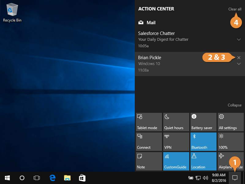 Notifications Pane And Action Center In Windows 10 Customguide