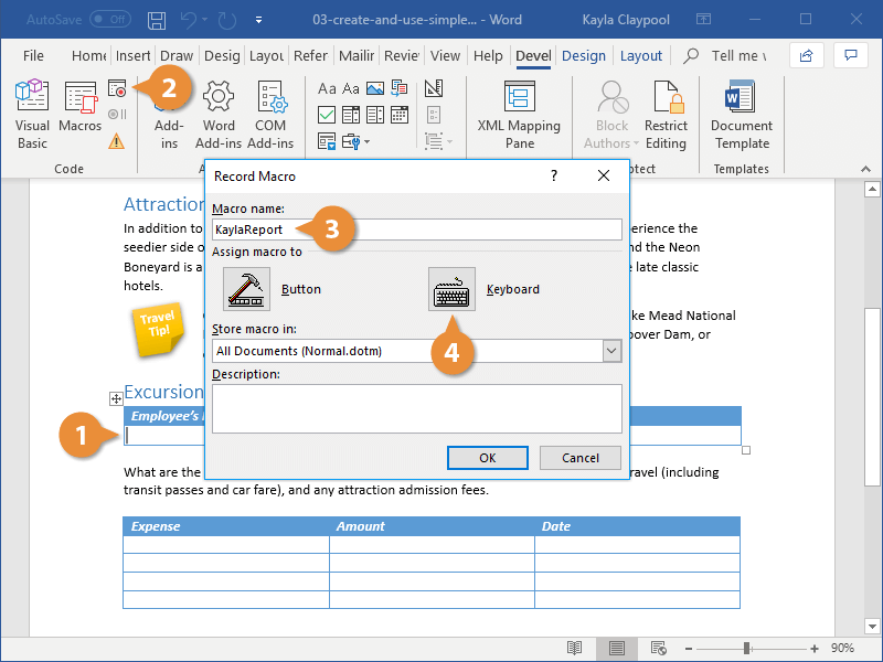 word assign shortcut key to existing macro