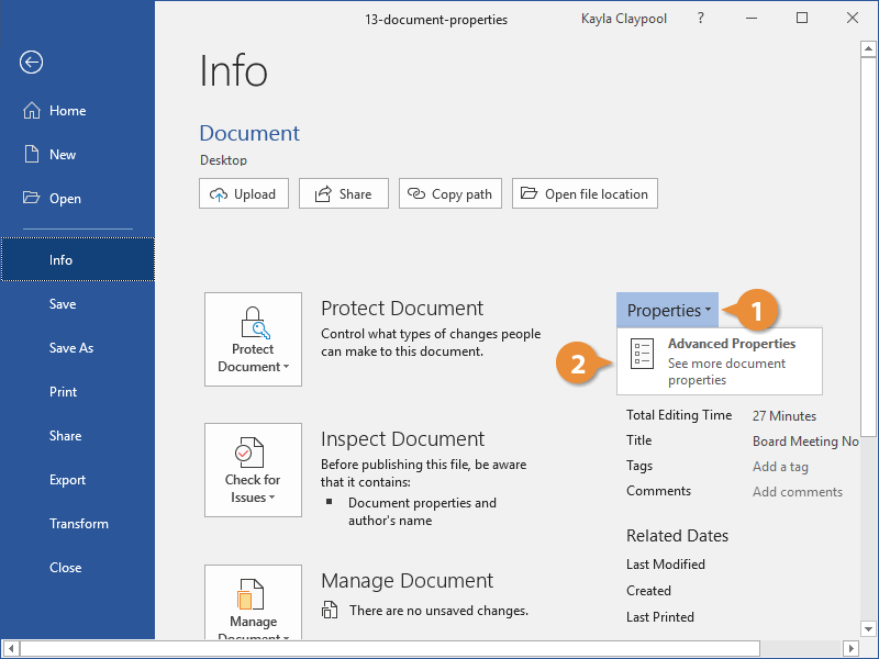 author name document properties word 2016