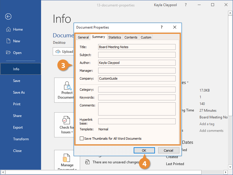 view document properties word