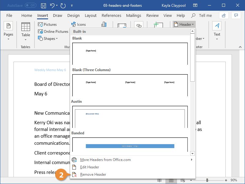 remove header and footer in word