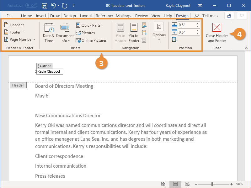 where is close header and footer in word