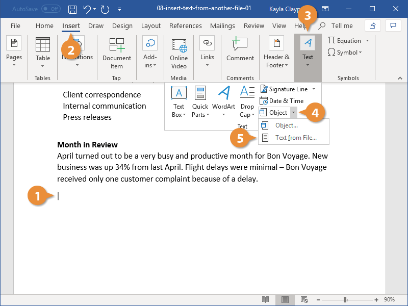 how to insert text from another document in word 2013