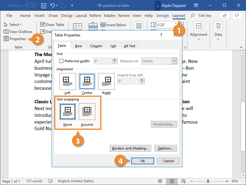 table formatting in word moving one line on a cell