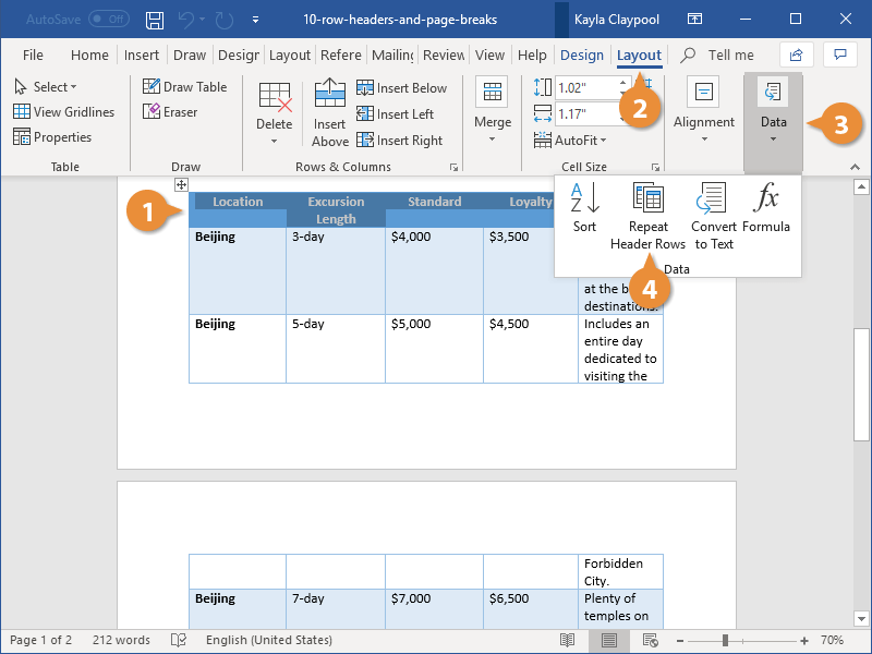 how to repeat header and footer in word