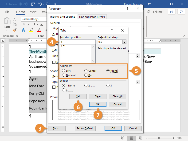 setting tabs in word 2016