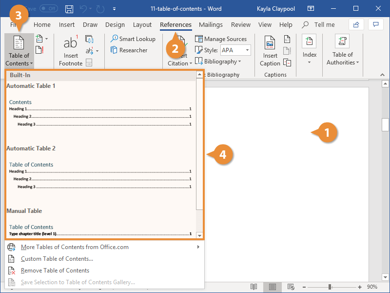 film referee Hello Table of Contents in Word | CustomGuide