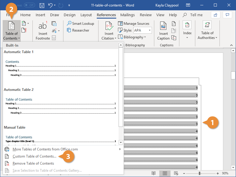 film referee Hello Table of Contents in Word | CustomGuide