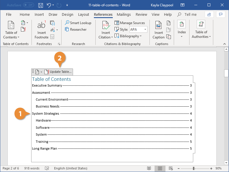 Update a Table of Contents