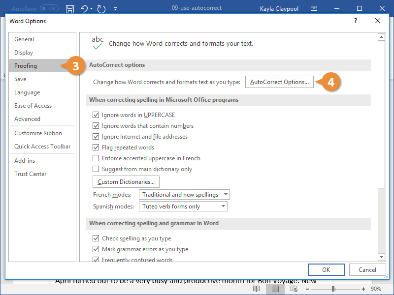 how to turn on autocorrect in word 2019